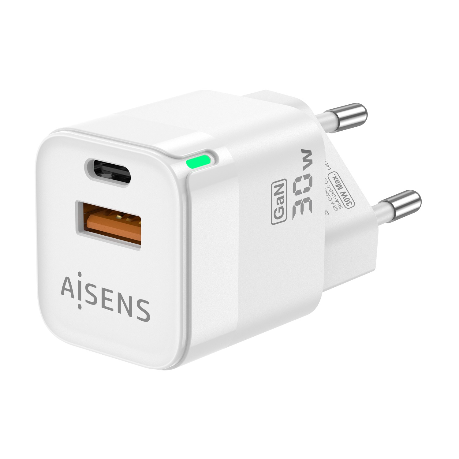 AISENS Caricatore GaN 30W con 1XUSB-C PD3.0 QC4.0 e 1XUSB-A QC3.0, Bianco