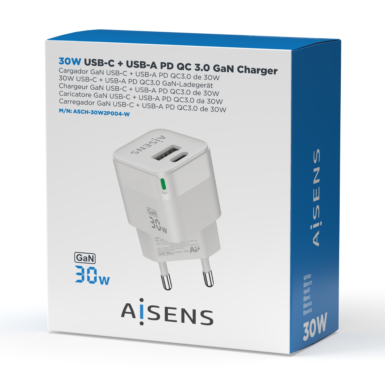 AISENS Caricatore GaN 30W con 1XUSB-C PD3.0 QC4.0 e 1XUSB-A QC3.0, Bianco