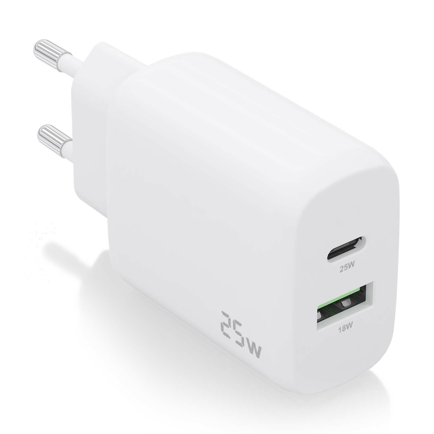 Aisens Caricatore Universale 25W con 1x USB-C PD 3.0 e 1x USB-A QC 3.0, Bianco