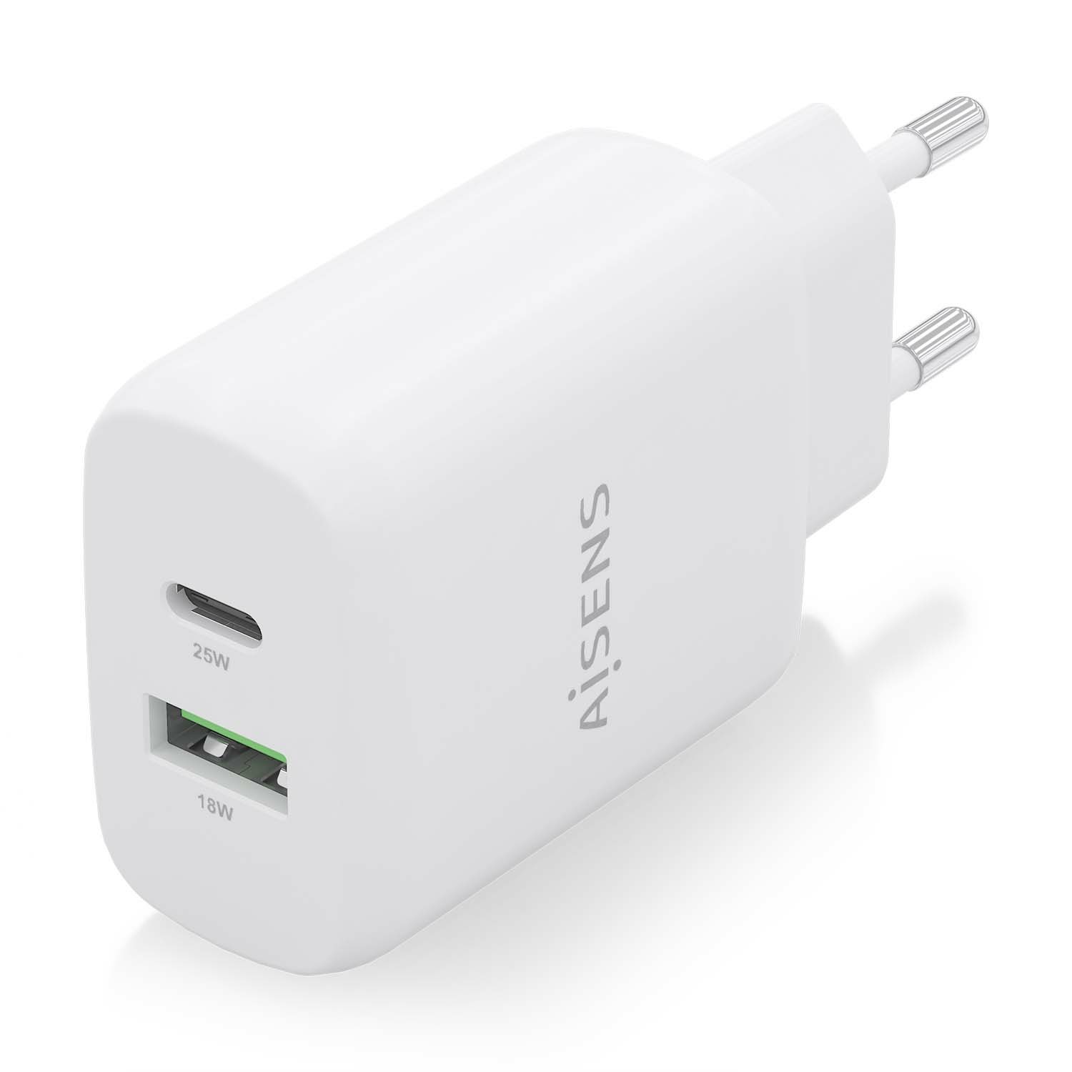Aisens Caricatore Universale 25W con 1x USB-C PD 3.0 e 1x USB-A QC 3.0, Bianco