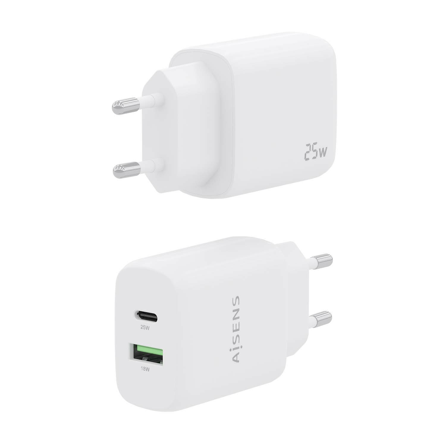 Aisens Caricatore Universale 25W con 1x USB-C PD 3.0 e 1x USB-A QC 3.0, Bianco