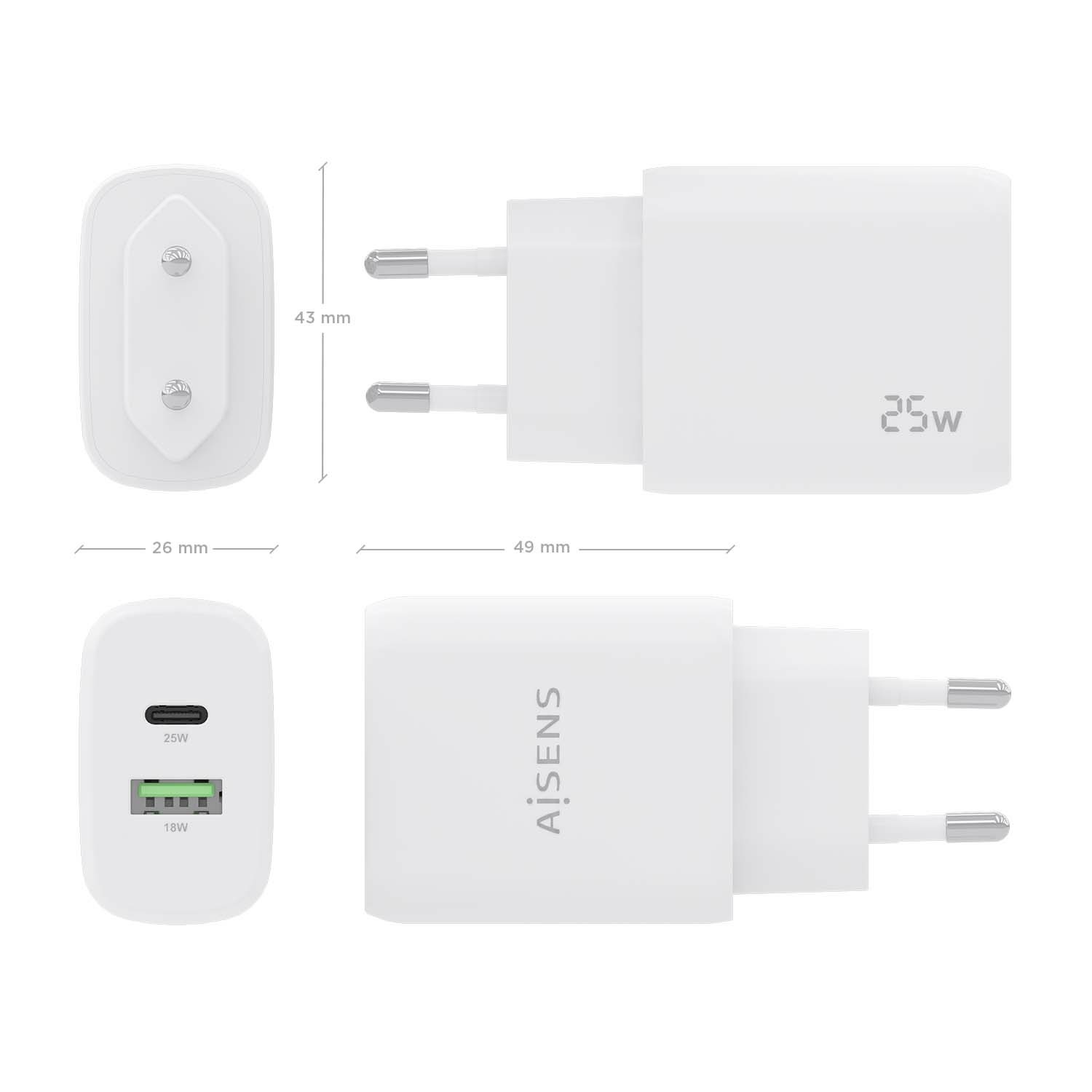 Aisens Caricatore Universale 25W con 1x USB-C PD 3.0 e 1x USB-A QC 3.0, Bianco