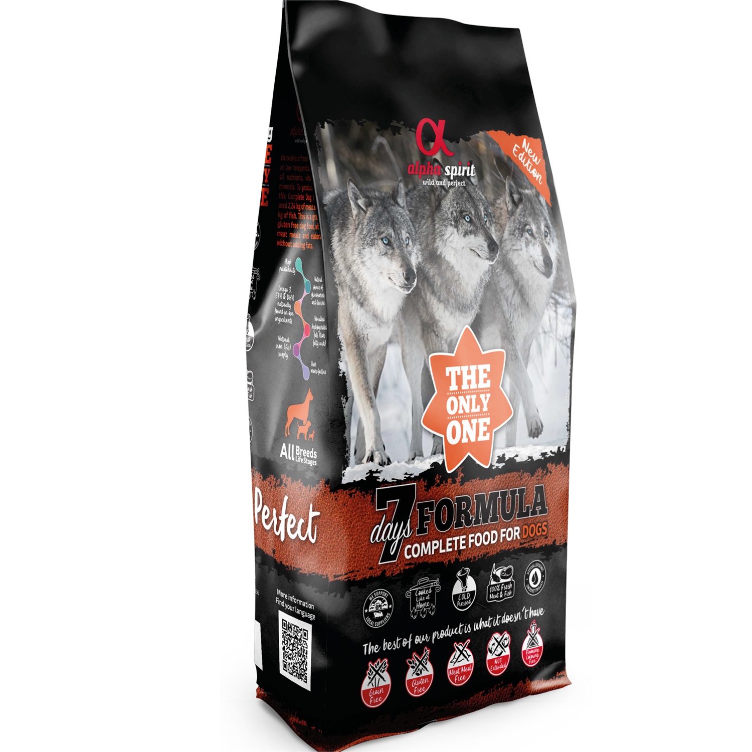 Alpha Spirit The Only One 7 Days - Cibo secco per cani adulti 12 kg, formula senza cereali con carne fresca di pollo, manzo, maiale e pesce