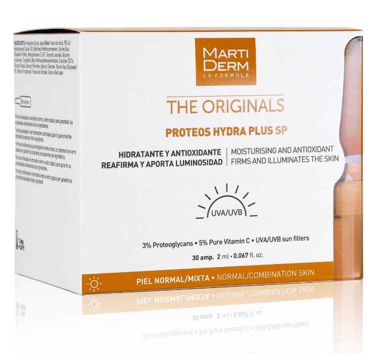MartiDerm Proteos Hydra Plus SP Siero Viso - 30 Fiale da 2 ml, Idratante e Anti-invecchiamento per Pelle Normale/Mista con Protezione Solare