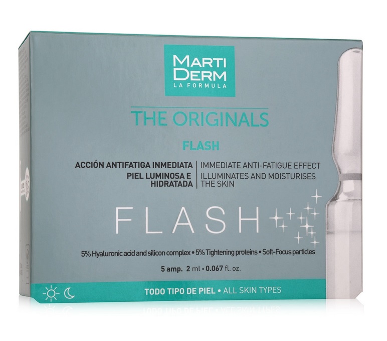 MartiDerm The Originals Flash Siero Viso in Fiale 10 ml - Effetto Antifatica Immediato con Acido Ialuronico e Silicio