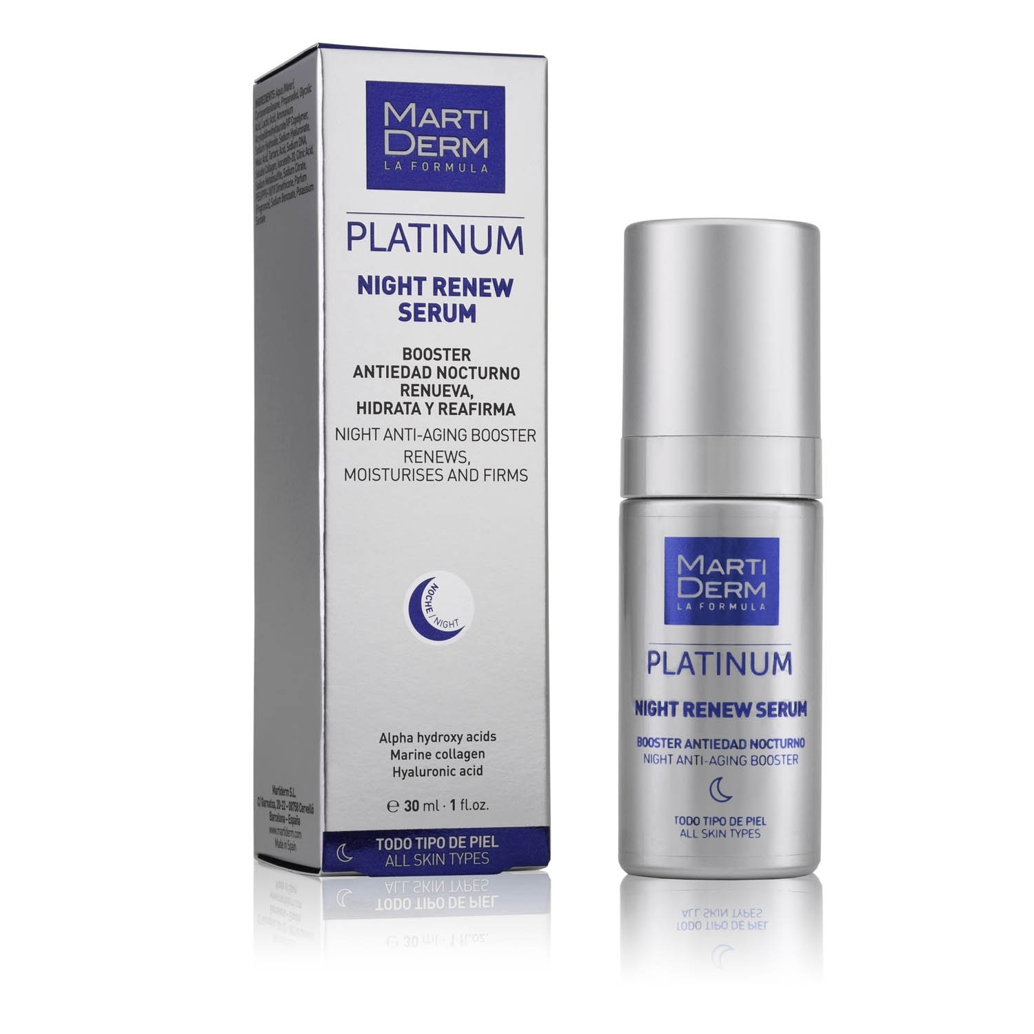 MartiDerm Platinum Night Renew Serum - Siero da Notte Antirughe 30 ml, Stimola Rinnovamento Cellulare e Idratazione