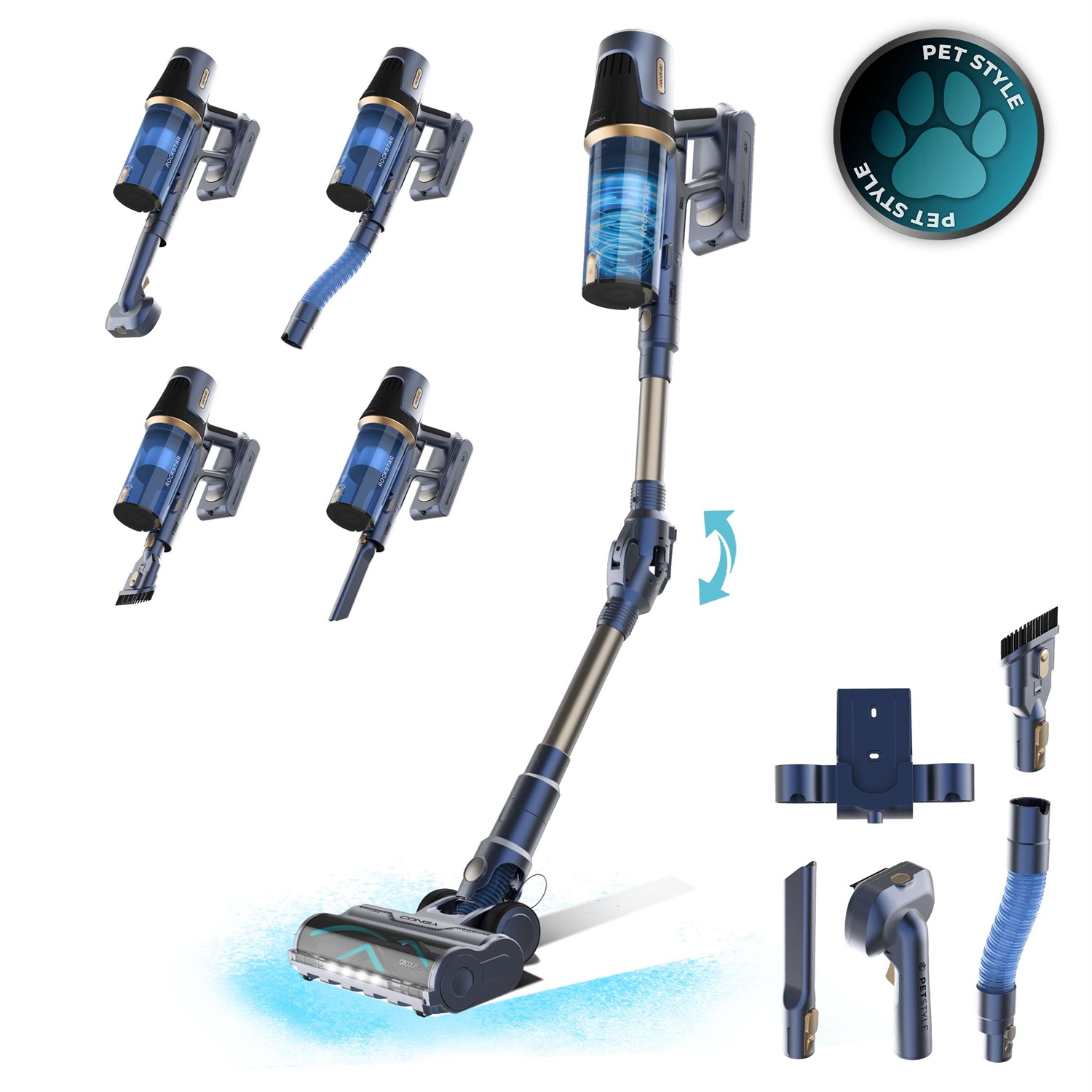 Cecotec Conga Rockstar RS70 Pet Flex - Aspirapolvere senza Fili 500W, Potenza Aspirazione 150AW, Spazzola Animali, Tubo Flessibile, Batteria 33,6V