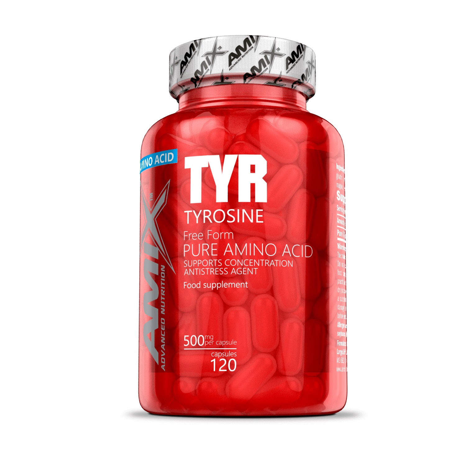 Amix Tyrosine 500 mg - Integratore di L-tirosina in 120 capsule per supporto mentale e funzionalità ghiandolare