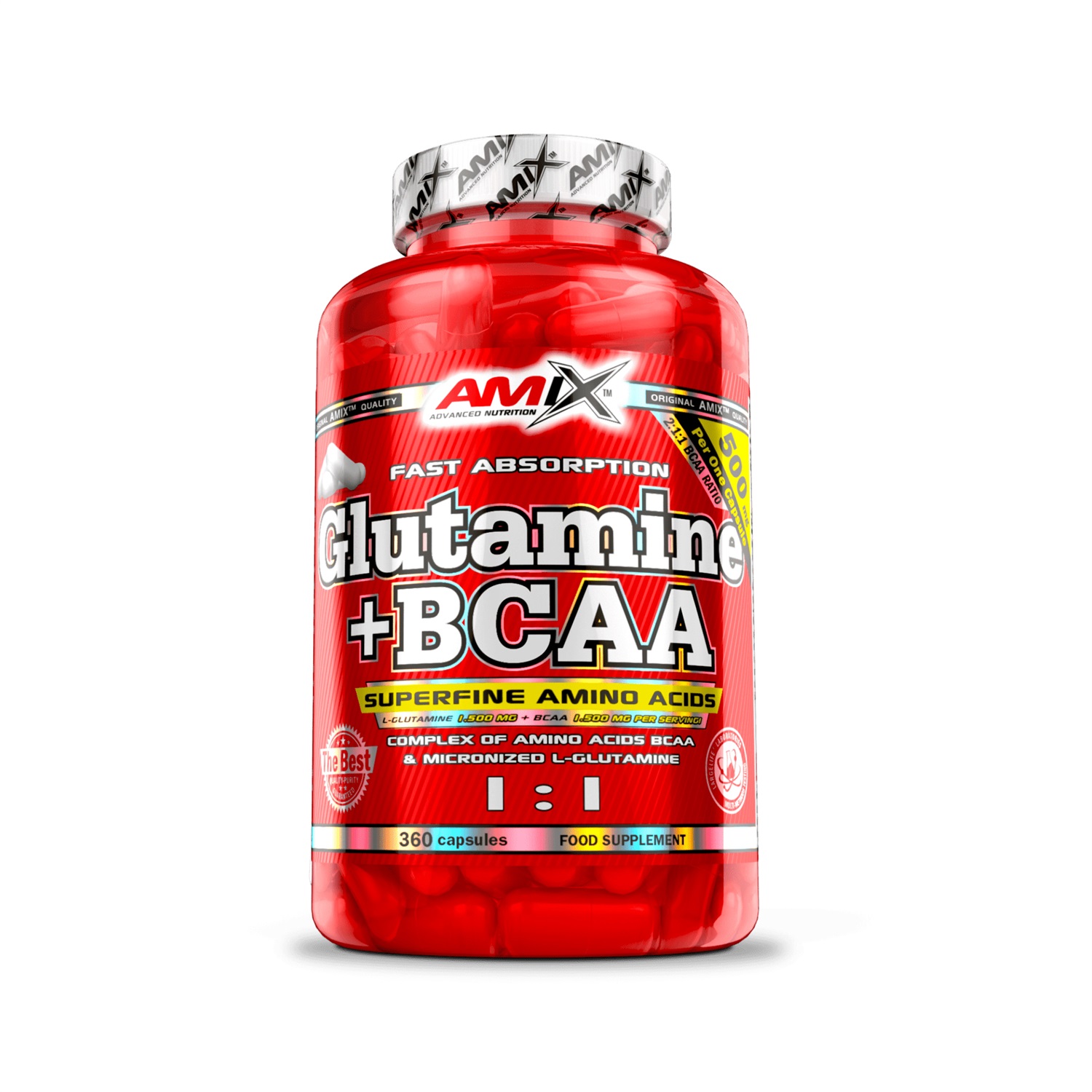 Amix Glutammina BCAA - Integratore alimentare con 360 capsule di aminoacidi a catena ramificata e glutammina