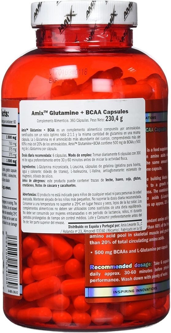 Amix Glutammina BCAA - Integratore alimentare con 360 capsule di aminoacidi a catena ramificata e glutammina