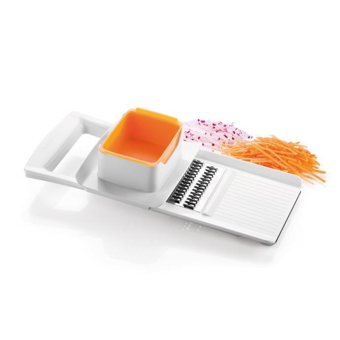 Tescoma Grattugia Julienne Handlich - Grattugia e Spiralizzatore Manuale con Lama in Acciaio Inossidabile, Serbatoio e Pressino, Arancione e Bianco