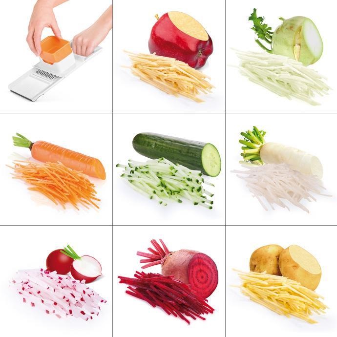 Tescoma Grattugia Julienne Handlich - Grattugia e Spiralizzatore Manuale con Lama in Acciaio Inossidabile, Serbatoio e Pressino, Arancione e Bianco