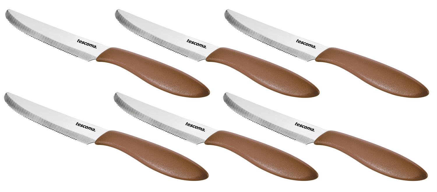 Tescoma Set 6 Coltelli Tavola Presto - Acciaio Inossidabile, Marrone, 12 cm, Impugnatura Ergonomica