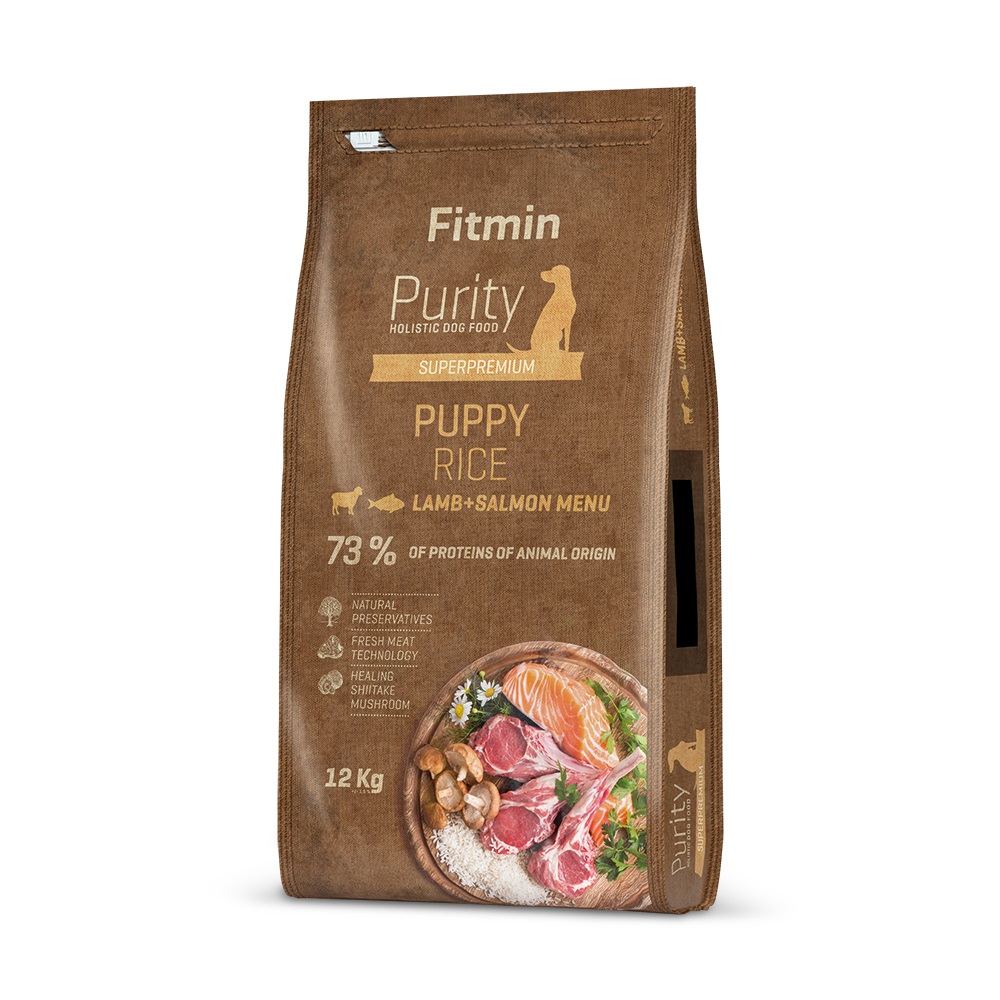 FITMIN Dog Purity Rice Puppy - Alimento secco completo per cuccioli con Agnello, Salmone e Riso - 12 kg