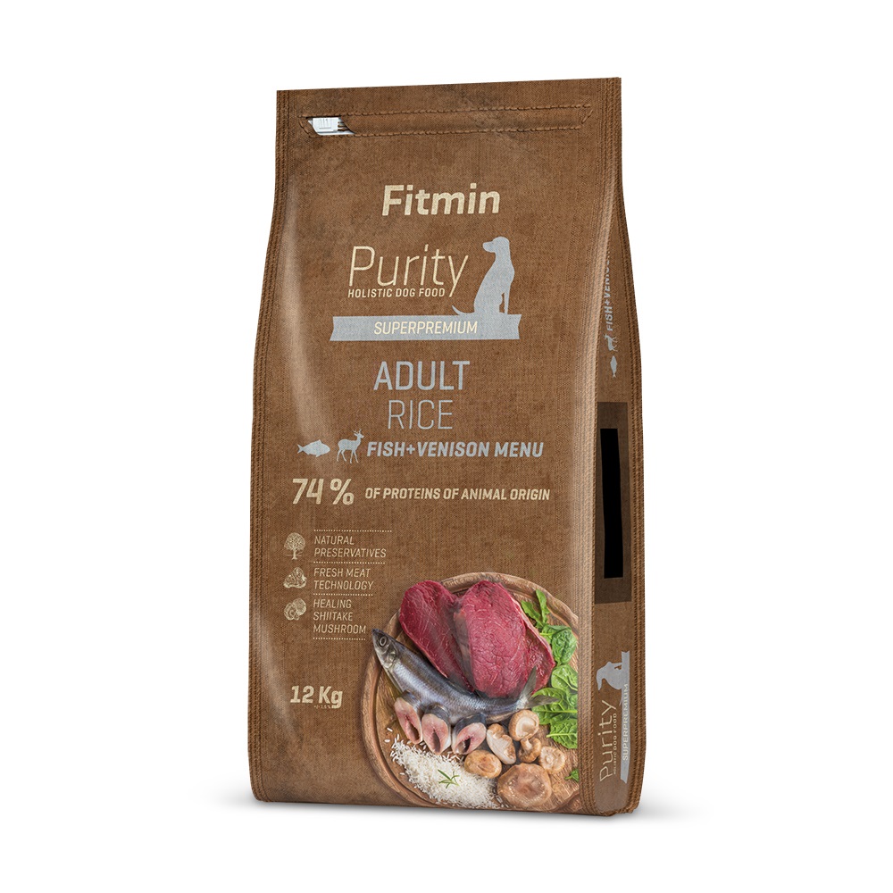 Fitmin Purity Adult Riso, Pesce e Carne di Cervo - Alimento Secco Completo per Cani Adulti - 12 kg