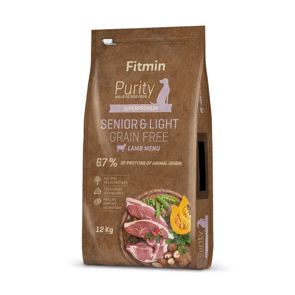 FITMIN Dog Purity Grain Free Senior & Light - Alimento Secco Completo per Cani Anziani e in Sovrappeso con Agnello e Patate, 12 kg