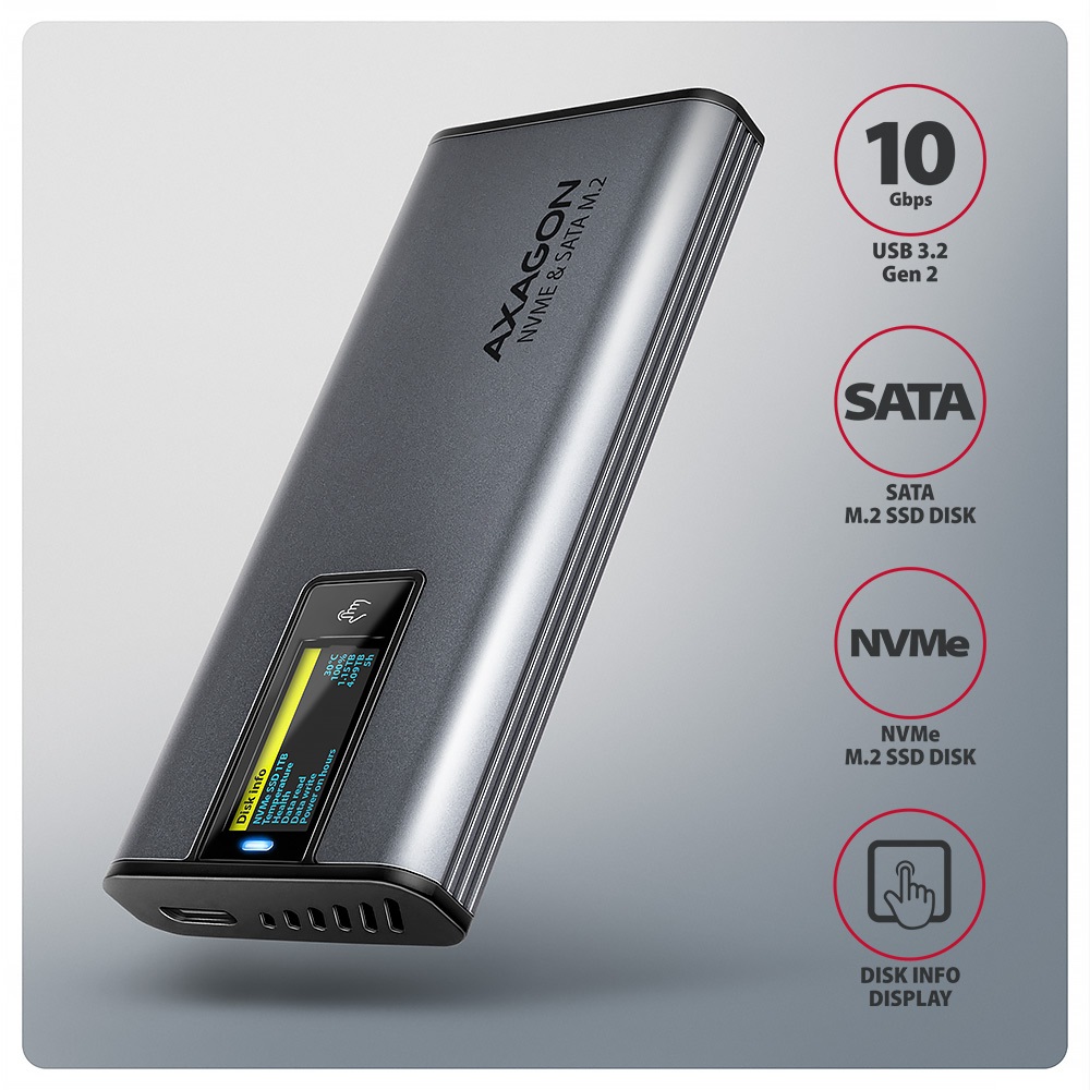 AXAGON EEM2-SD2 Box Esterno SSD M.2 NVMe/SATA USB 3.2 Gen 2 - Fino a 10 Gbit/s, Grigio