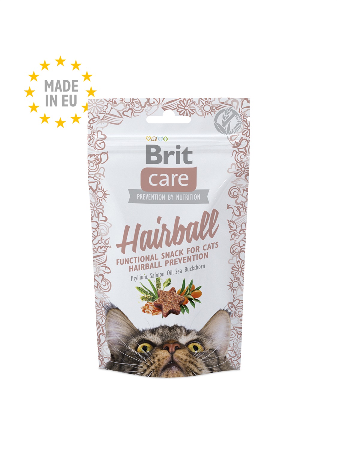 Brit Care Snack Gatto Hairball con Anatra - 50 g, Ipoallergenici e Senza Cereali per Prevenire i Boli di Pelo
