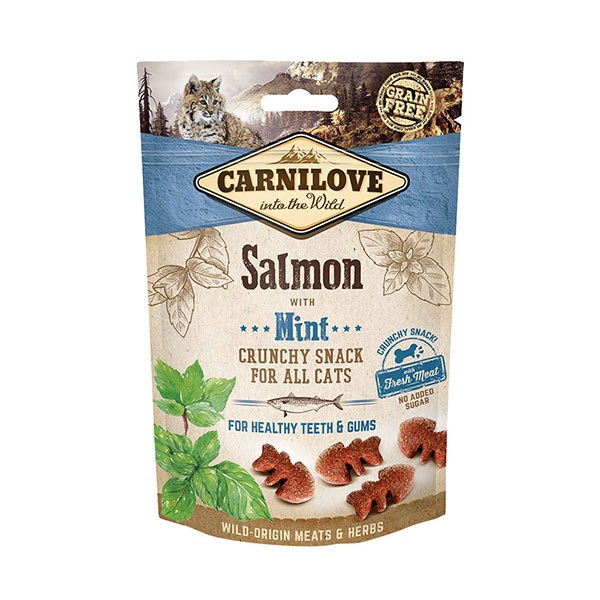 CARNILOVE Feline Crunchy Snack Salmone e Menta 50 g - Snack Croccante Naturale per Gatti, Ipoallergenico e Senza Cereali