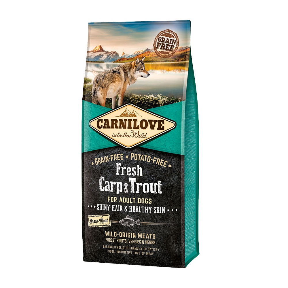 CARNILOVE Alimento Secco Completo per Cani Adulti - Carpa Fresca e Trota 12 kg, Senza Cereali e Patate