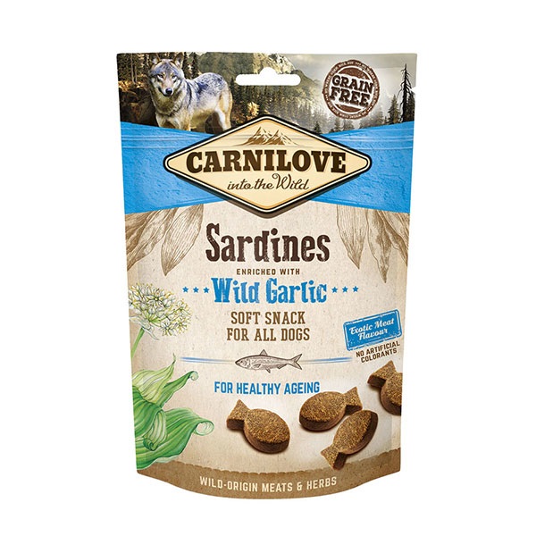 Carnilove Snack Semiumido per Cani Sardine e Aglio Orsino 200 g - Grain Free, Ipoallergenico, Senza Coloranti Artificiali