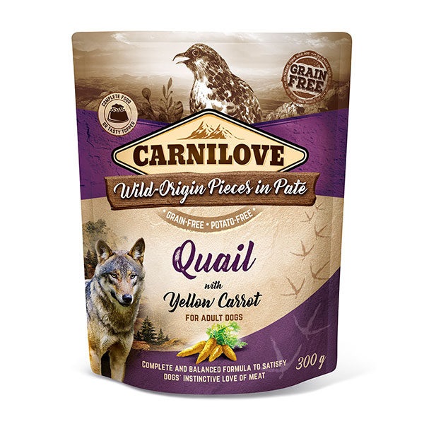 Carnilove Cibo Umido per Cani Adulto con Quaglia e Carota Gialla - 300 g, Senza Cereali, 85% Carne