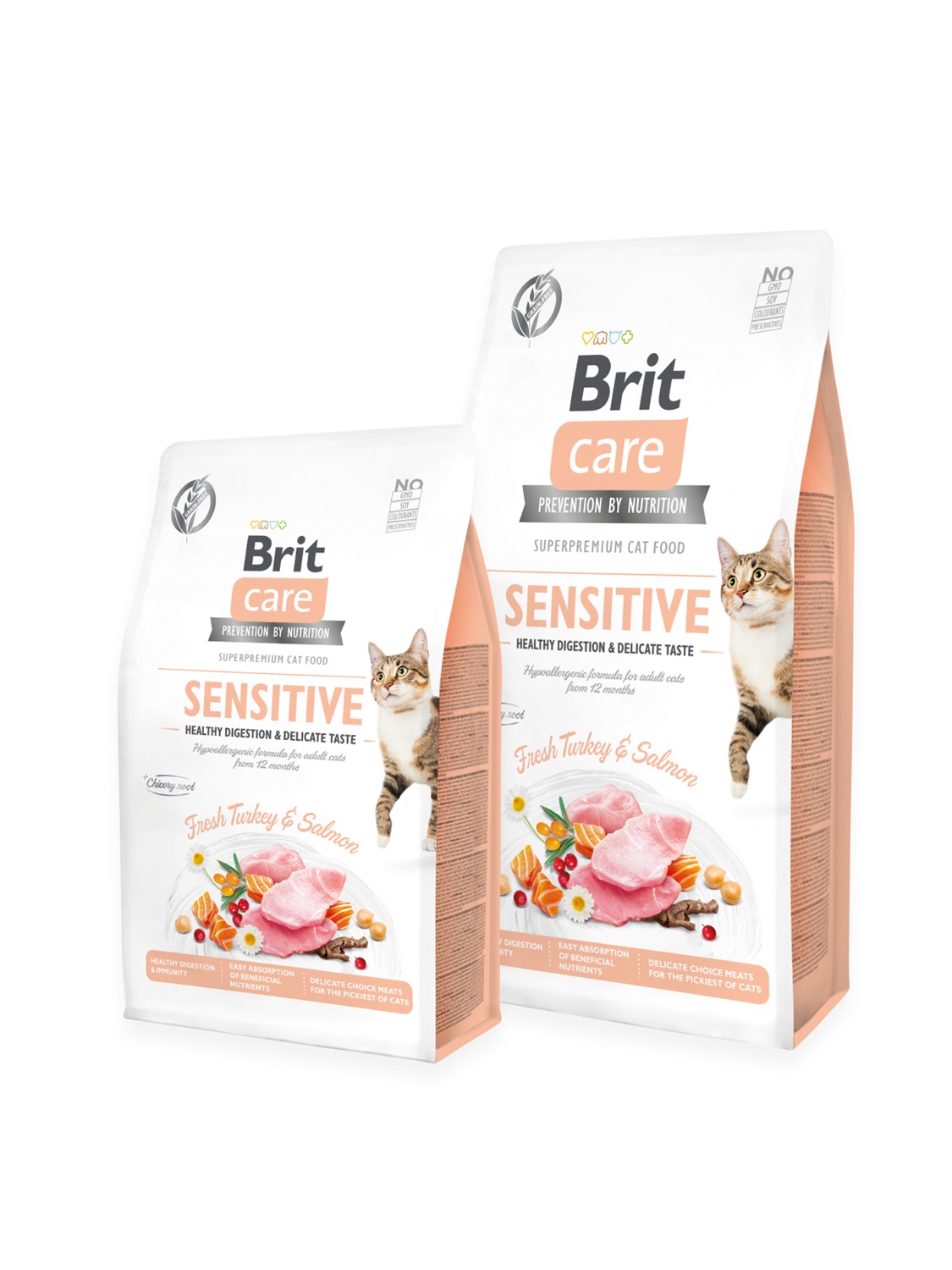 Brit Care Sensitive Cibo Secco per Gatti Adulto 2 kg - Ipoallergenico, Senza Cereali, con Tacchino Fresco e Salmone