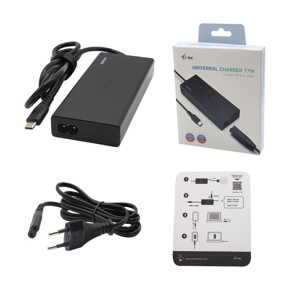 i-tec Universal Charger USB-C PD 3.0 1x USB-A, 77 W, Interno, AC, 20 V, 3,25 A, 1,5 m, Nero