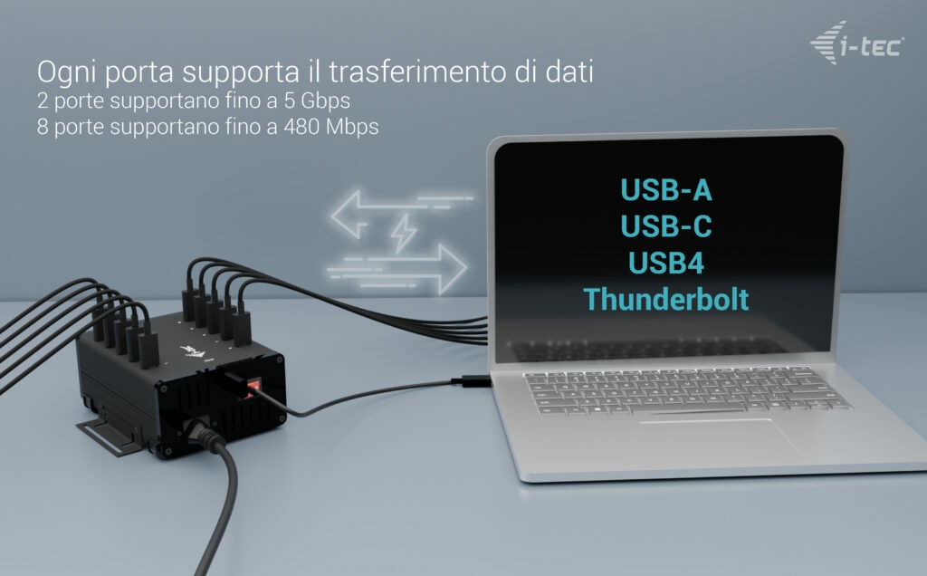i-tec USB-C/USB-A Metal Charging Data HUB, 10 Porte USB-C, Ricarica 15W per Porta, Universale