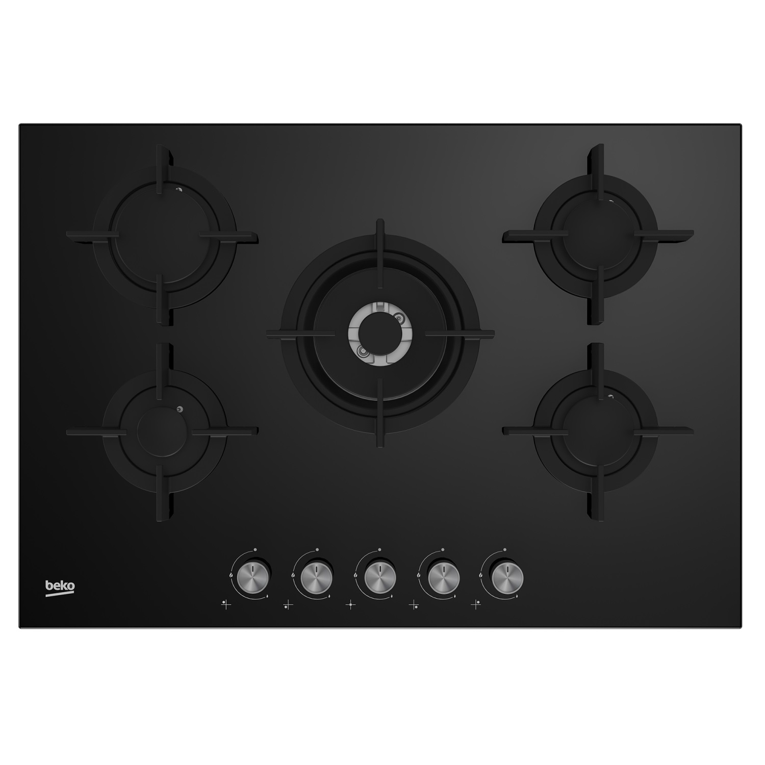 Beko HILW75222S Piano Cottura a Gas 75 cm Nero 5 Fuochi con Bruciatore Wok e Superficie in Vetro