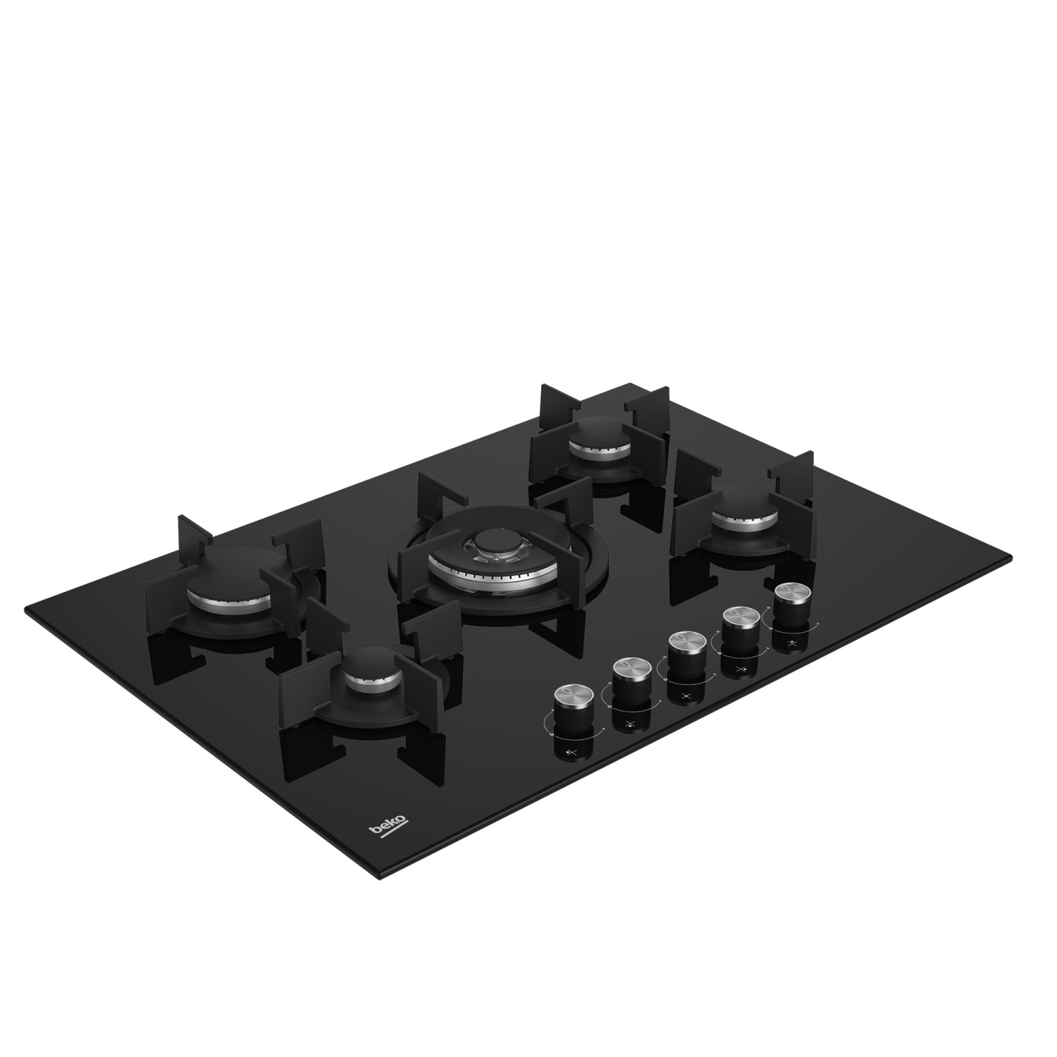 Beko HILW75222S Piano Cottura a Gas 75 cm Nero 5 Fuochi con Bruciatore Wok e Superficie in Vetro