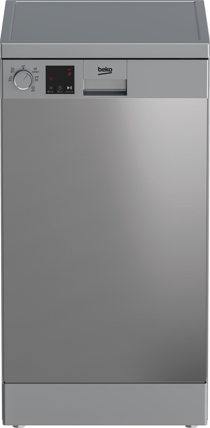 Beko DVS05024X: Lavastoviglie Slim Libera Installazione 45 cm, 10 Coperti, Acciaio Inox, Display LED, Classe E, 5 Programmi
