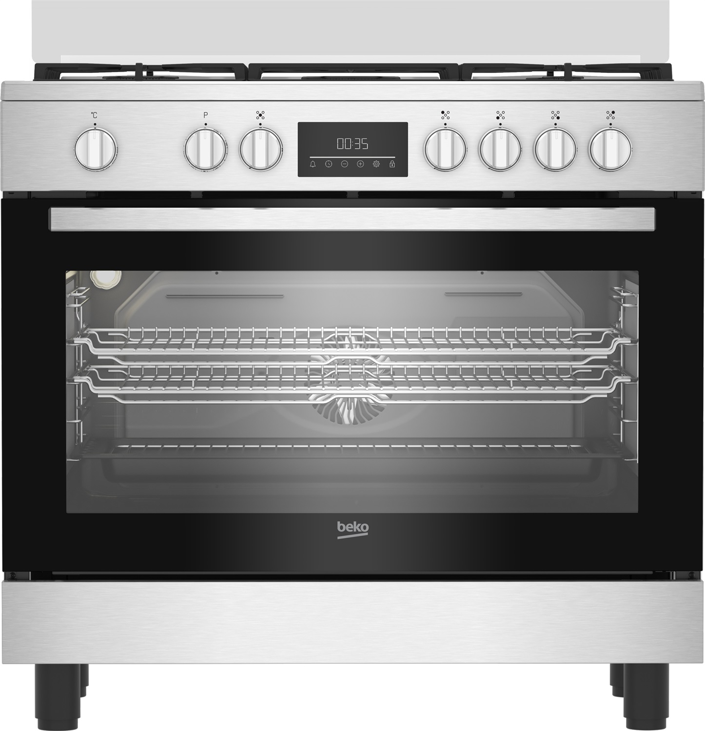 Beko BGM11226EX Cucina a Gas 90x60 cm con Forno Elettrico Multifunzione, 5 Fuochi, Grill, Timer, Classe A , Inox/Nero