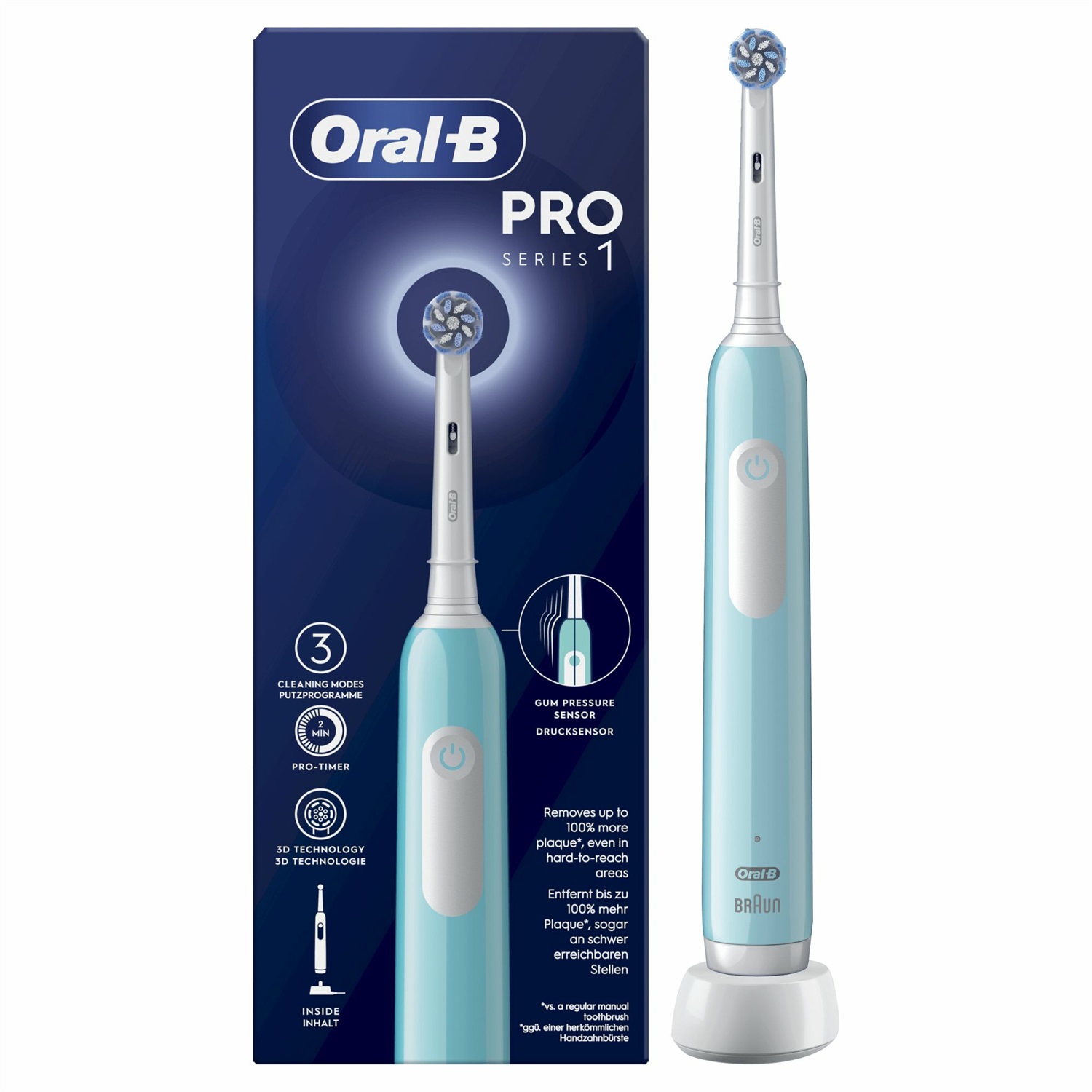 Oral-B Pro 1 Sensitive Clean Spazzolino Elettrico Rotante-Oscillante Blu con 1 Testina di Ricambio - 20000 Movimenti al Minuto, Modalità Sensibile e Sbiancante