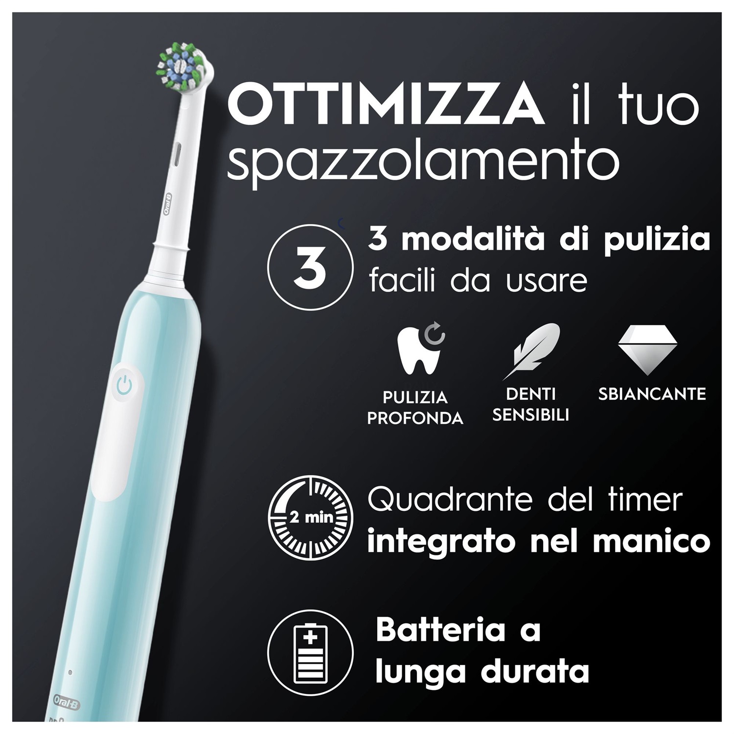 Oral-B Pro 1 Sensitive Clean Spazzolino Elettrico Rotante-Oscillante Blu con 1 Testina di Ricambio - 20000 Movimenti al Minuto, Modalità Sensibile e Sbiancante