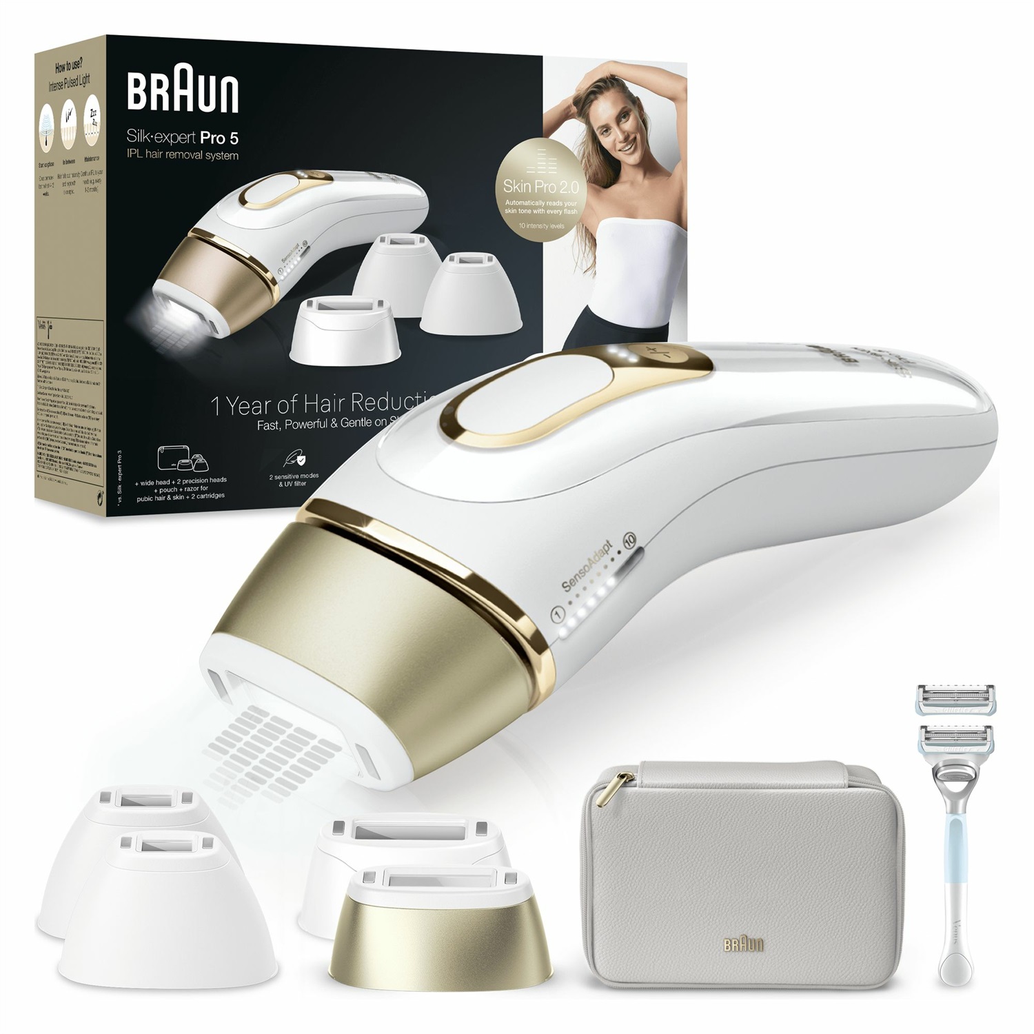 Braun Silk-expert Pro 5 Epilatore Luce Pulsata IPL con Custodia, Rasoio Donna Venus e 4 Testine, PL5356, Oro e Bianco, 10 Livelli di Intensità