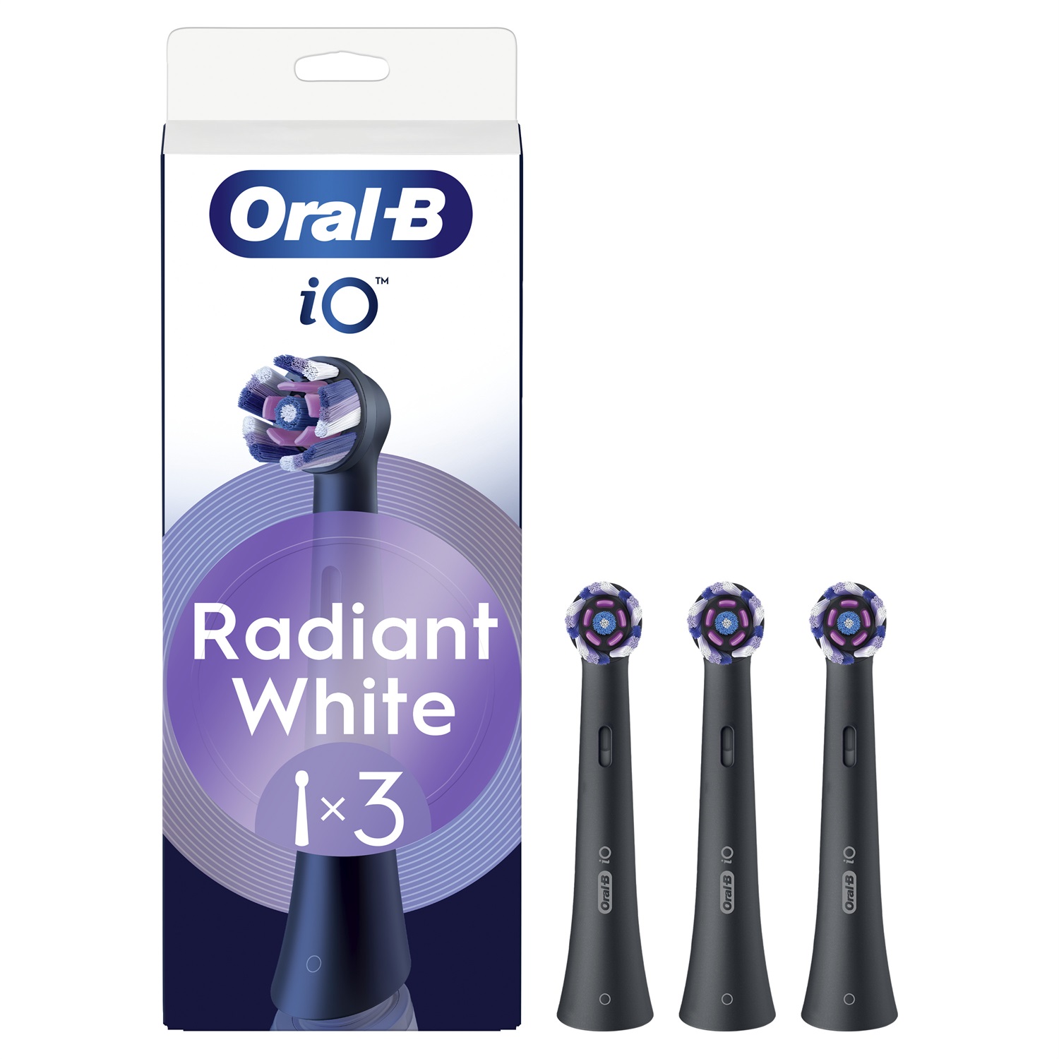 Oral-B Testine di Ricambio iO Series Radiant White Black - 3 Pezzi, Testine Rotonde con Setole Angolate e Petali Lucidanti per Rimozione della Placca e Sbiancamento dei Denti