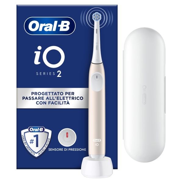 Oral-B iO 2 Spazzolino Elettrico Rosa con Custodia da Viaggio e Testina di Ricambio - Micro-vibrazioni, Sensore di Pressione, 3 Livelli di Intensità
