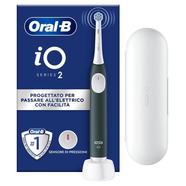 Oral-B iO 2 Spazzolino Elettrico Verde Forestale con Custodia da Viaggio e Testina di Ricambio - Delicato sulle Gengive, Efficace sulla Placca