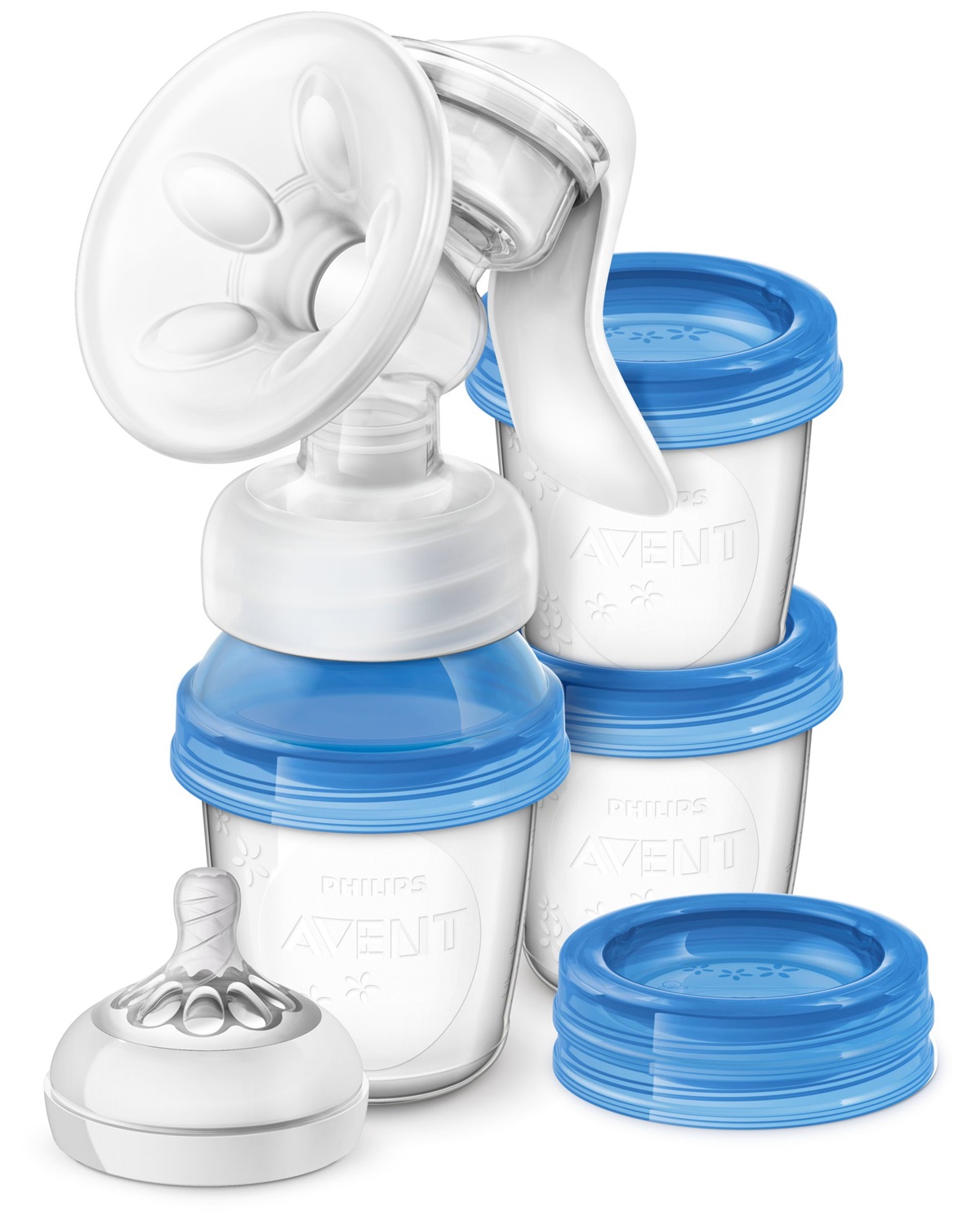 Philips AVENT SCF330/13 Tiralatte Manuale con Cuscinetti Massaggianti e 3 Vasetti per Conservazione Latte