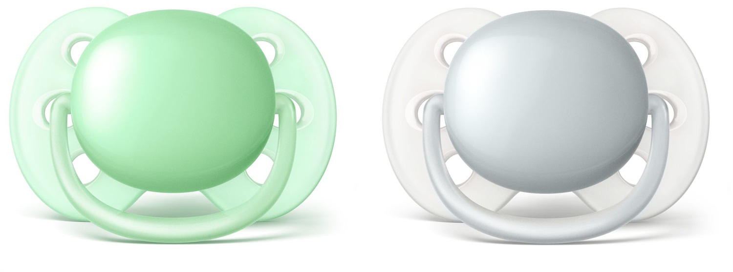 Philips AVENT Succhietto Ultra Soft 0-6 Mesi - 2 Pezzi in Silicone Verde/Grigio, Morbido e Flessibile