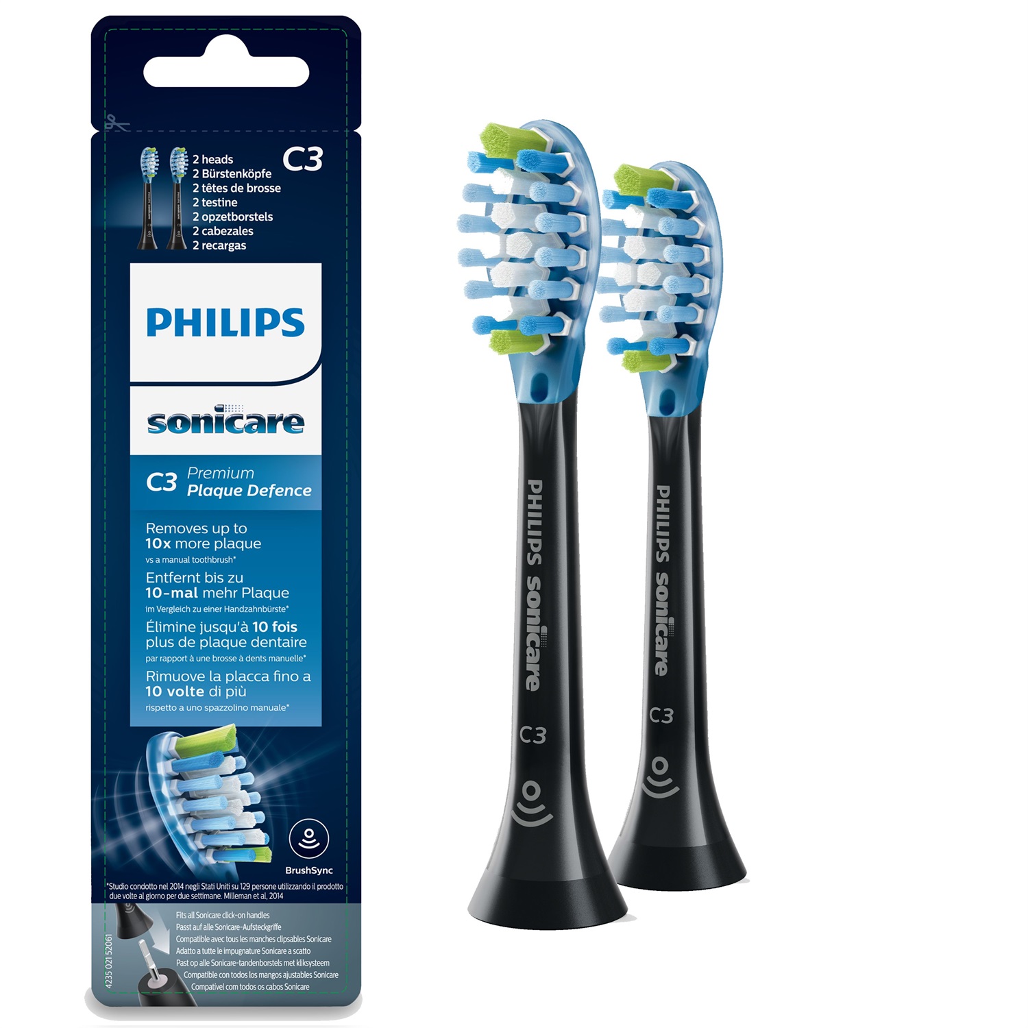 Philips Sonicare C3 Premium Plaque Defence HX9042/33 - 2 Testine di Ricambio Nere con Tecnologia Adaptive e RFID