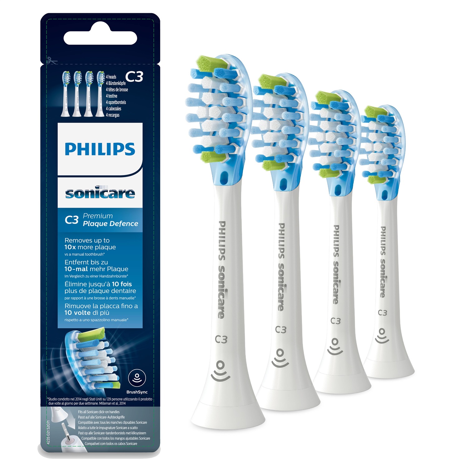 Philips Sonicare C3 Premium Plaque Defence HX9044/17 - 4 Testine Bianche con RFID e Tecnologia Adaptive per una Pulizia Profonda