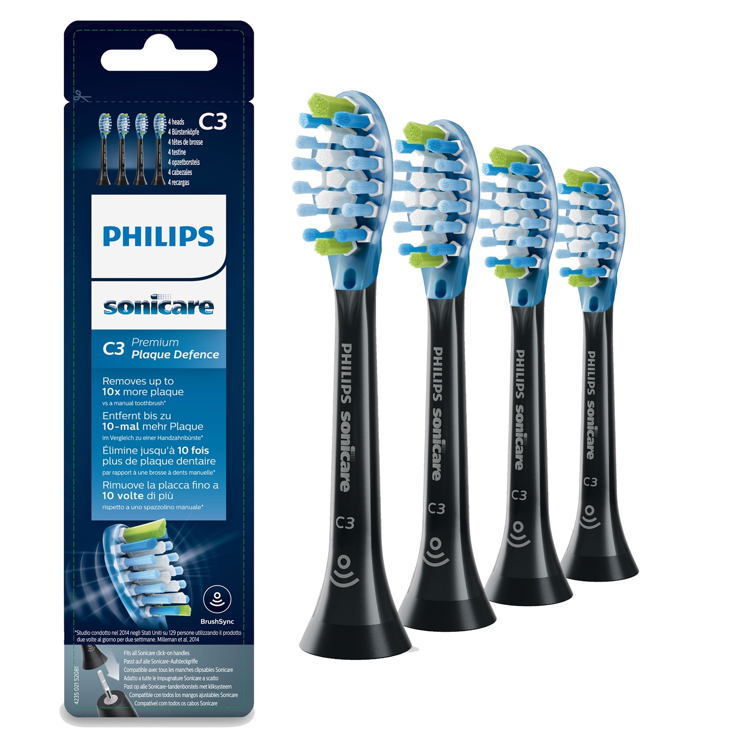 Philips Sonicare C3 Premium Plaque Defence HX9044/33 - 4 Testine di Ricambio Nere per Spazzolino Sonico con Tecnologia Adaptive e RFID