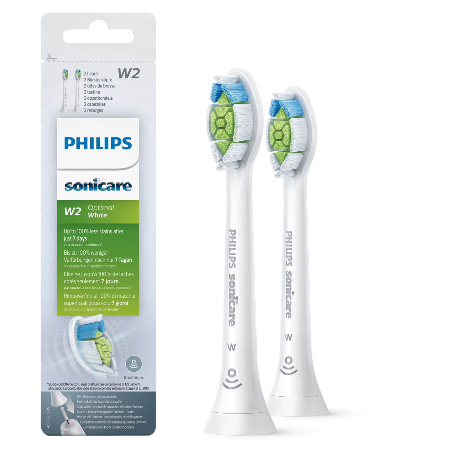 Philips Sonicare W2 Optimal White HX6062/10 - 2 Testine di Ricambio Bianche per Spazzolino Sonico