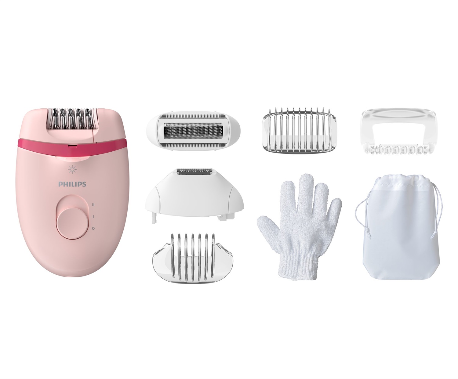 Philips Satinelle Essential Epilatore compatto con cavo rosa con 7 accessori BRE285/00