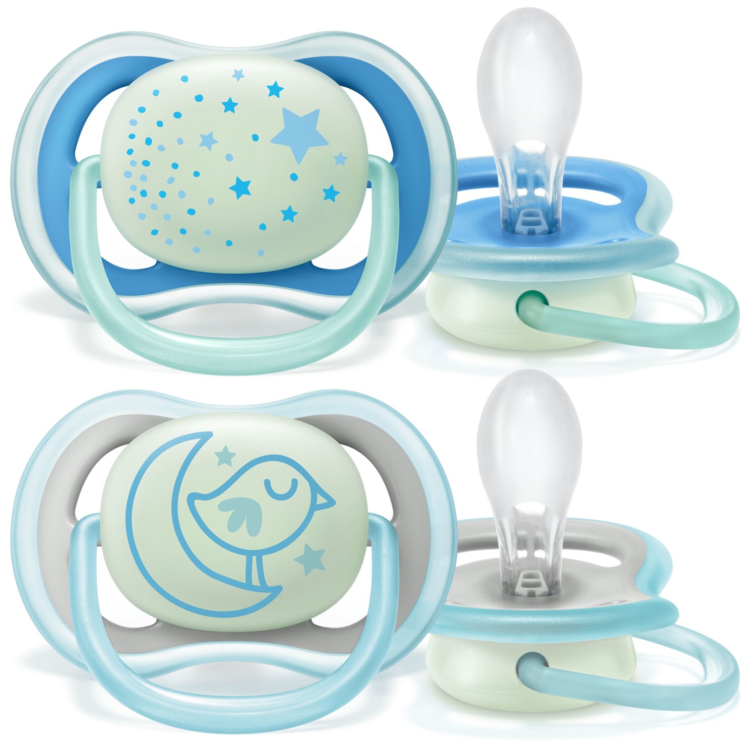 Philips AVENT Succhietto Ultra Air Night 6-18M Maschio 2 Pezzi - Traspirante e Leggero con Fori Extra-Large e Pulsante Fluorescente