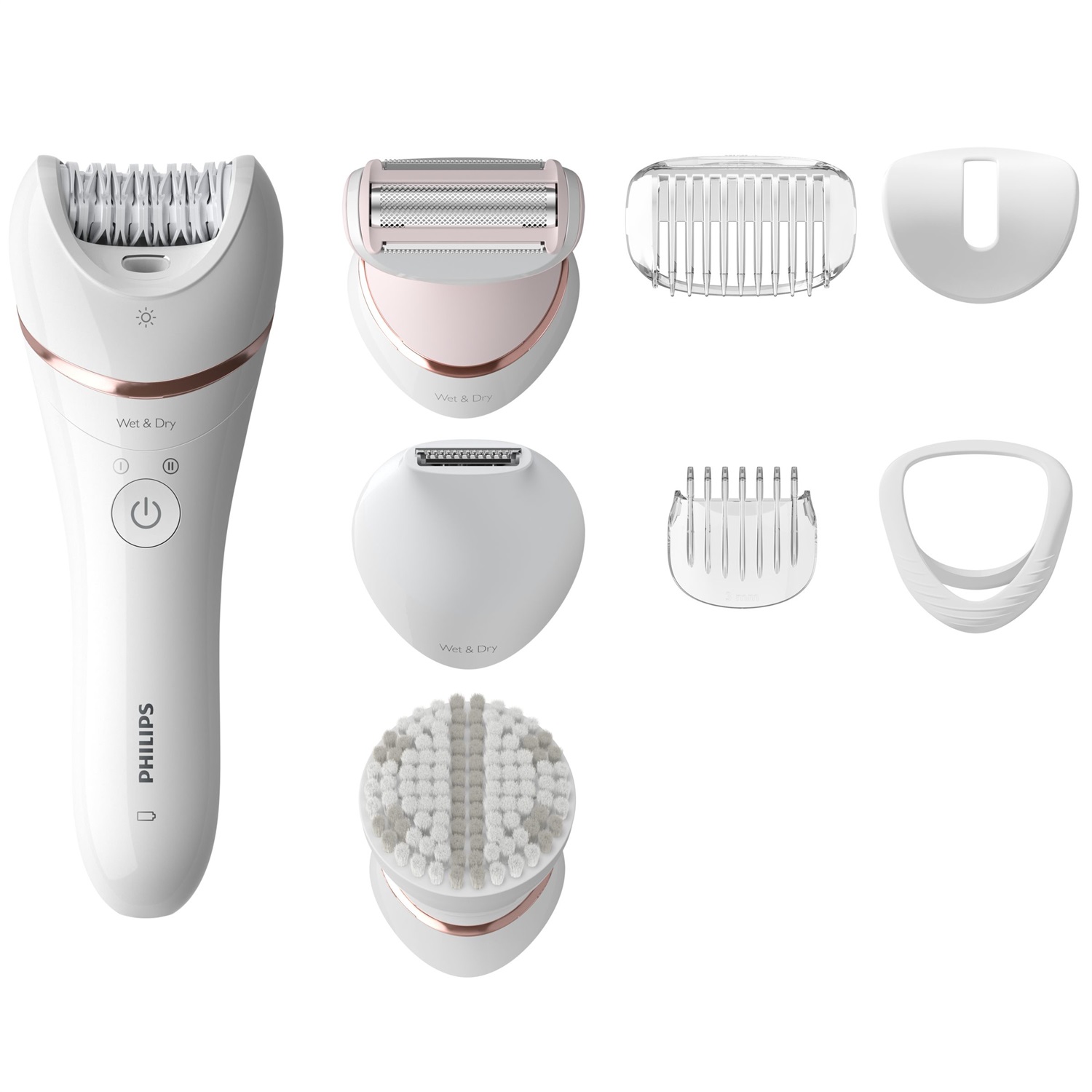 Philips Epilatore Serie 8000 BRE735/00 - Wet & Dry, cordless con 8 accessori, rasoio, rifinitore ed esfoliante corpo