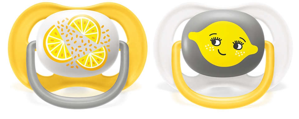 Philips AVENT Ciuccio Ultra Air Ortodontico 6-18 Mesi, 2 Pezzi, Neutro/Limoni, Scudo Leggero con Fori Extra Large