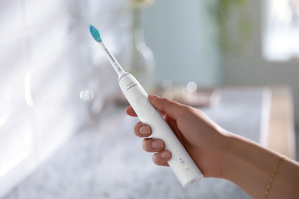 Philips Sonicare Spazzolino Elettrico Sonico Serie 3100 Bianco HX3671/13 con Sensore di Pressione, SmarTimer e QuadPacer
